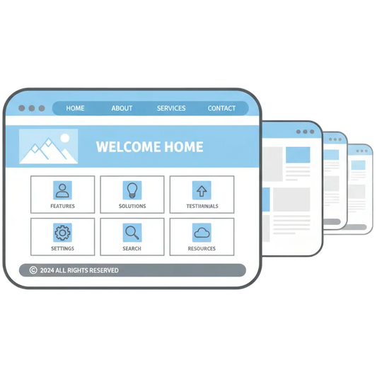 a icon-styled image of a multi-page website homepage. not realistic, but more like an icon